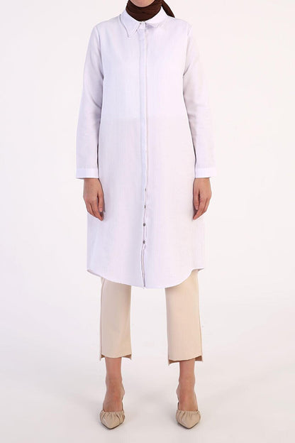 White Basic Hidden Placket Long Shirt