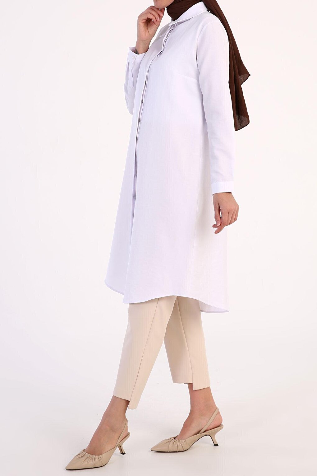 White Basic Hidden Placket Long Shirt