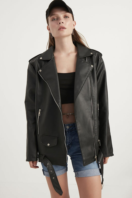 Women's Black Oversize Biker Leather Jacket