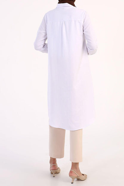 White Basic Hidden Placket Long Shirt