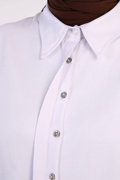 White Basic Hidden Placket Long Shirt