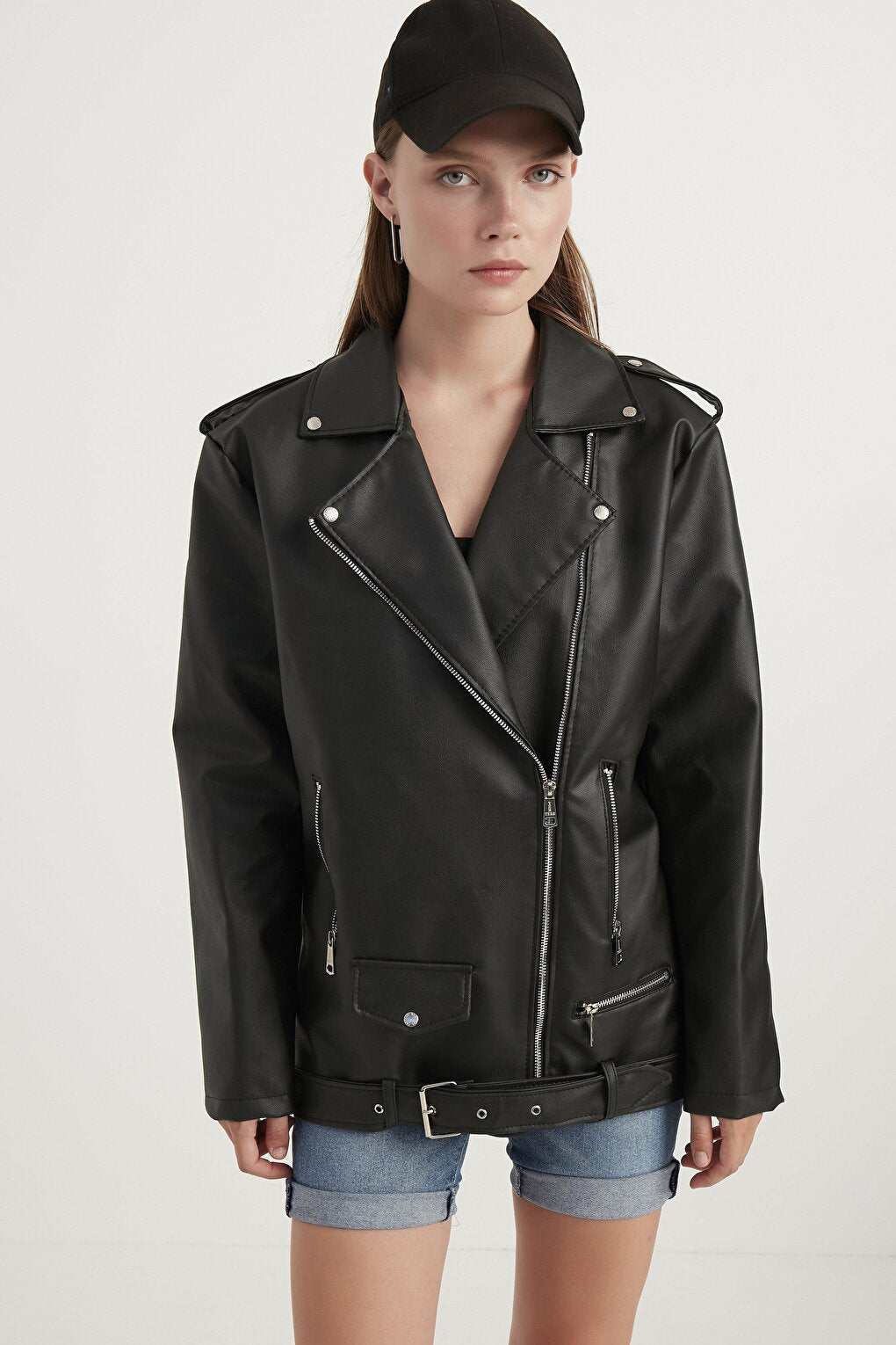 Women's Black Oversize Biker Leather Jacket