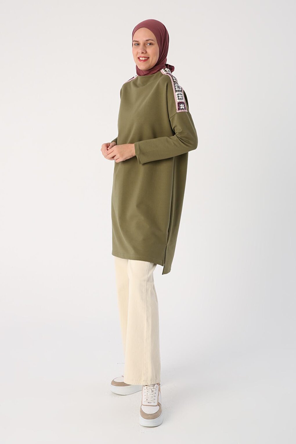 Light Khaki Oversize Colored Motif Knitted Tunic