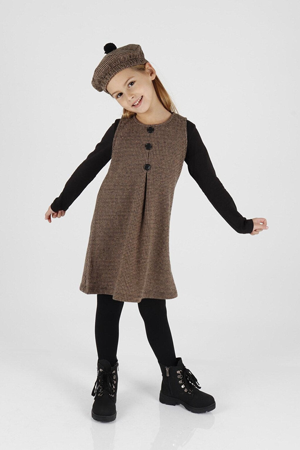 Girl's Button Detailed Badi and Hat Dress Ak2403