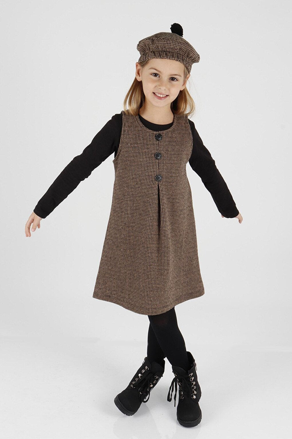 Girl's Button Detailed Badi and Hat Dress Ak2403