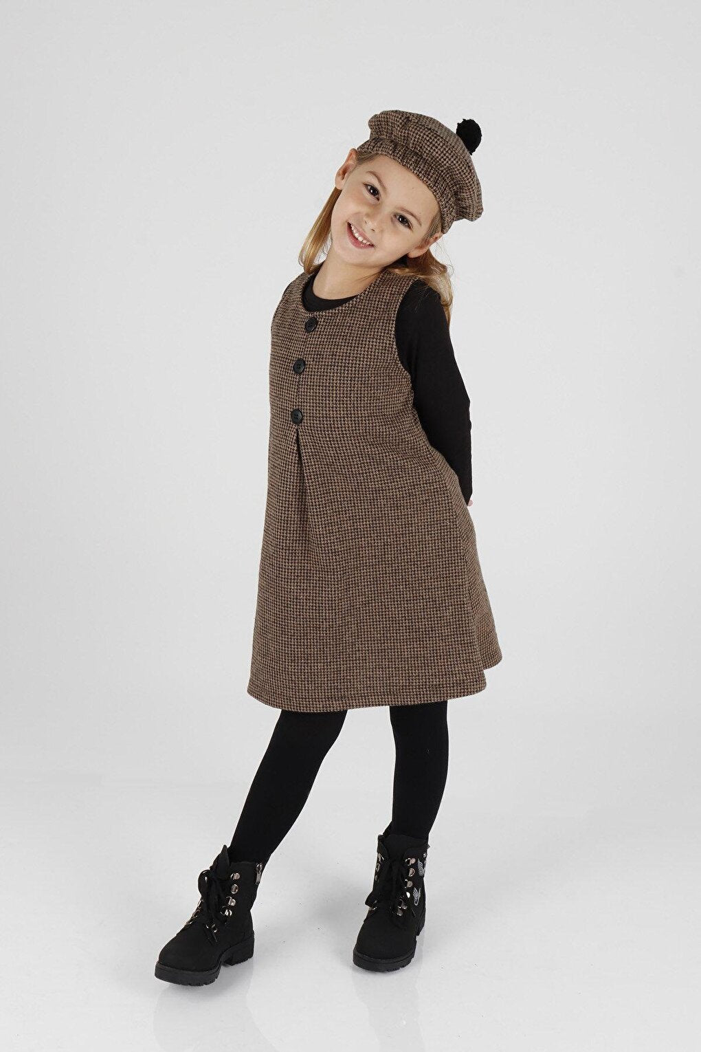 Girl's Button Detailed Badi and Hat Dress Ak2403