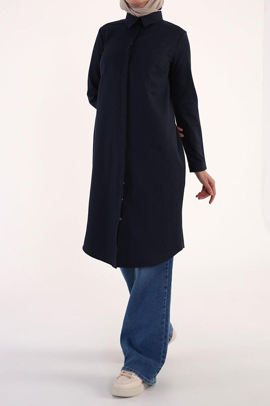 Navy Blue Basic Hidden Placket Long Shirt