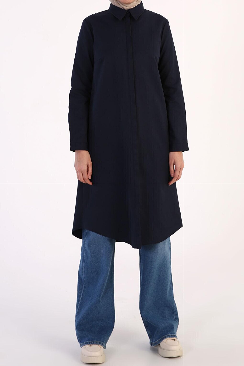 Navy Blue Basic Hidden Placket Long Shirt