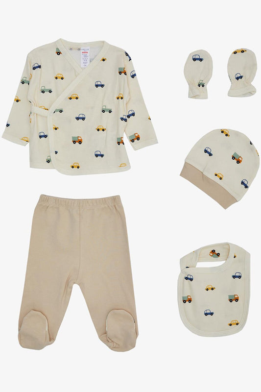 Baby Boy Hospital Release Pack of 5 Colorful Vehicle Pattern Cream (0-3 Months)