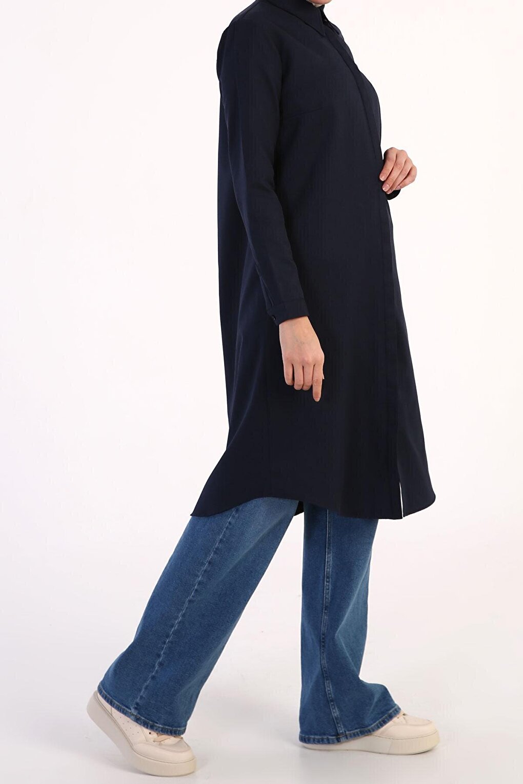 Navy Blue Basic Hidden Placket Long Shirt