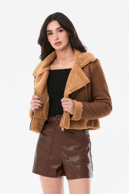 Fur Lined Zippered Polo Collar Coat