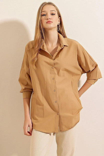 Women's Camel Plain Plain Araboy Basic Oversize Shirt