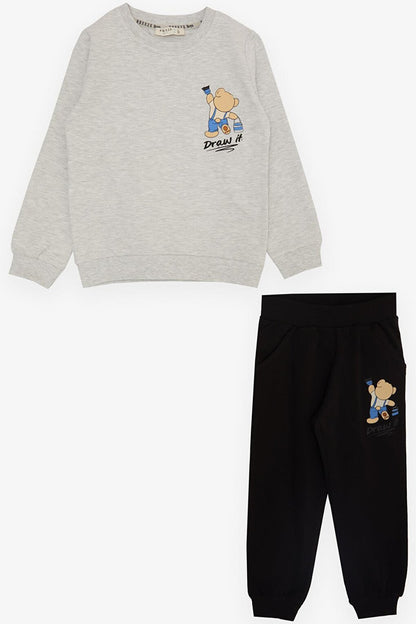 Boy's Tracksuit Set Painter Teddy Bear Printed Light Gray Melange (Age 1-4)