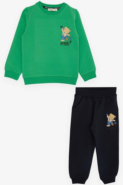 Boy's Tracksuit Set Painter Teddy Bear Printed Green (Age 1-4)