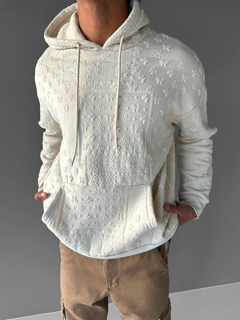 Oversize Patterned Hooded Sweatshirt Beige