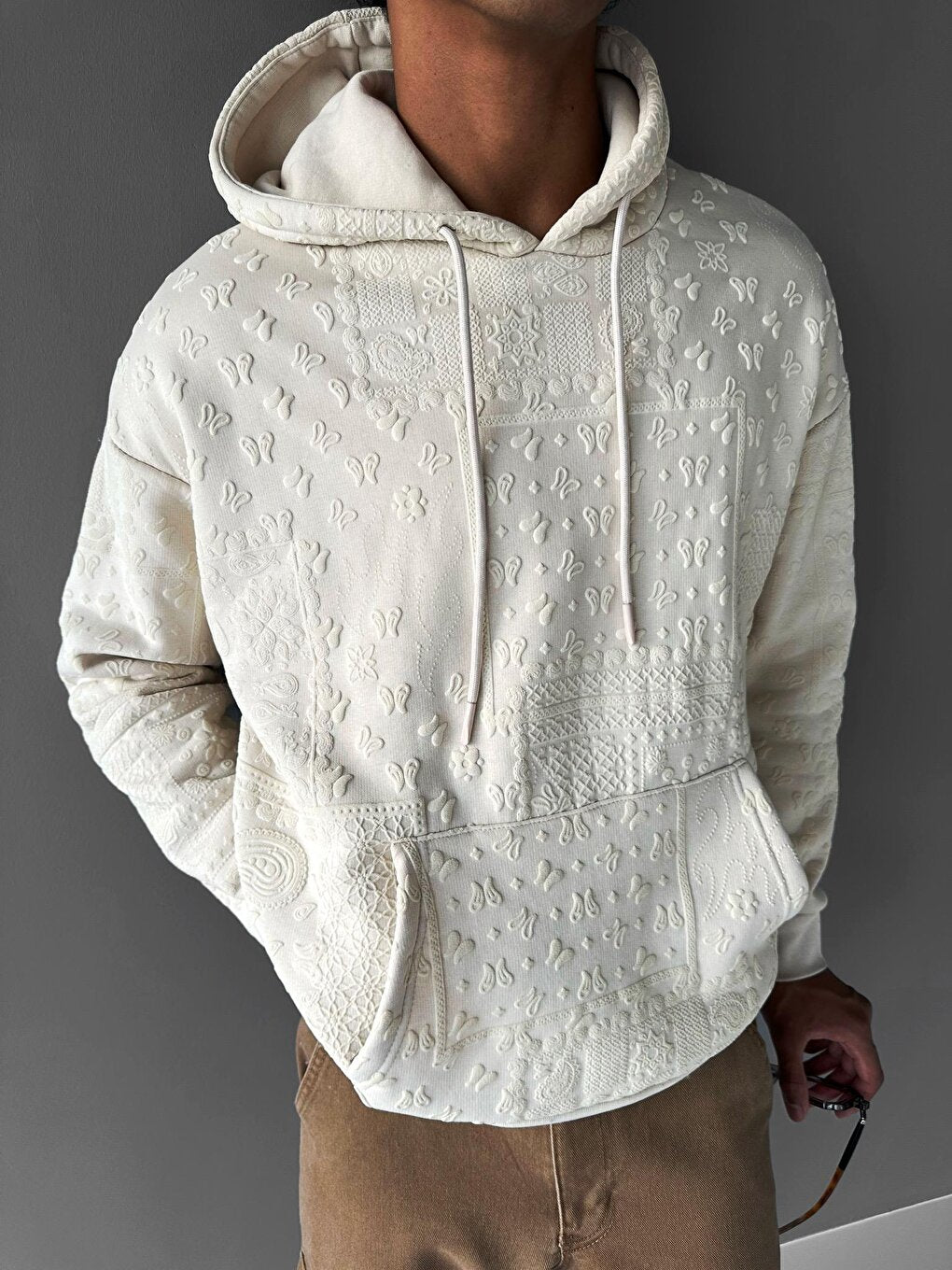 Oversize Patterned Hooded Sweatshirt Beige