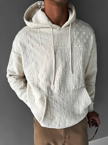 Oversize Patterned Hooded Sweatshirt Beige