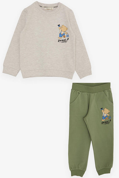 Boy's Tracksuit Set Painter Teddy Bear Printed Beige Melange (Age 1-4)