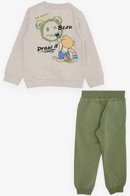 Boy's Tracksuit Set Painter Teddy Bear Printed Beige Melange (Age 1-4)