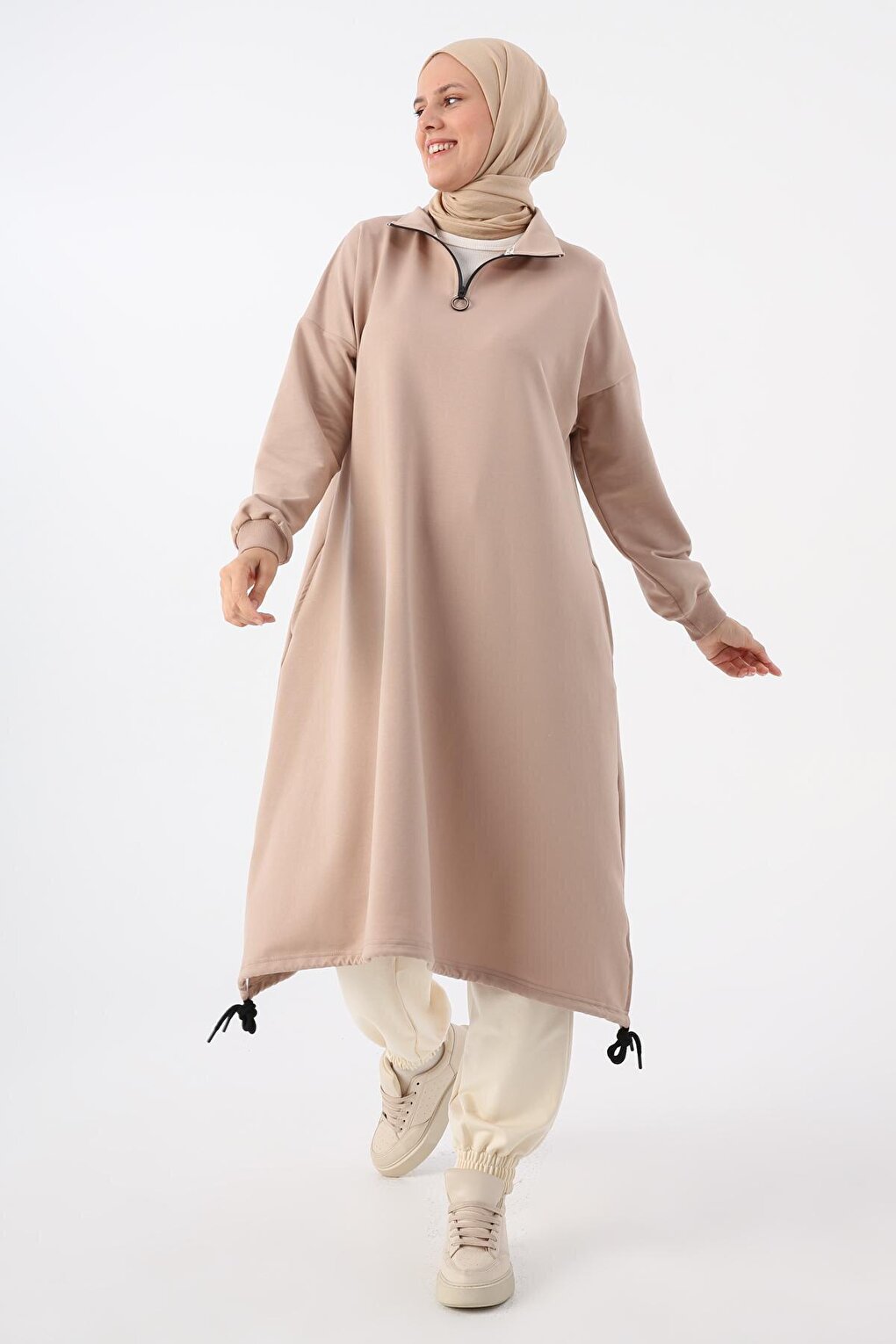 Beige Sweat Tunic with Gathered Hem and Zippered Collar