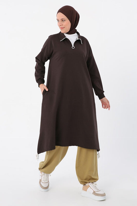 Bitter Brown Sweat Tunic with Gathered Hem and Zippered Collar