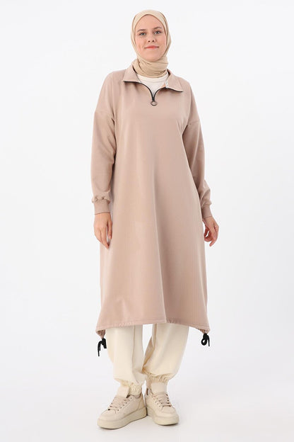 Beige Sweat Tunic with Gathered Hem and Zippered Collar