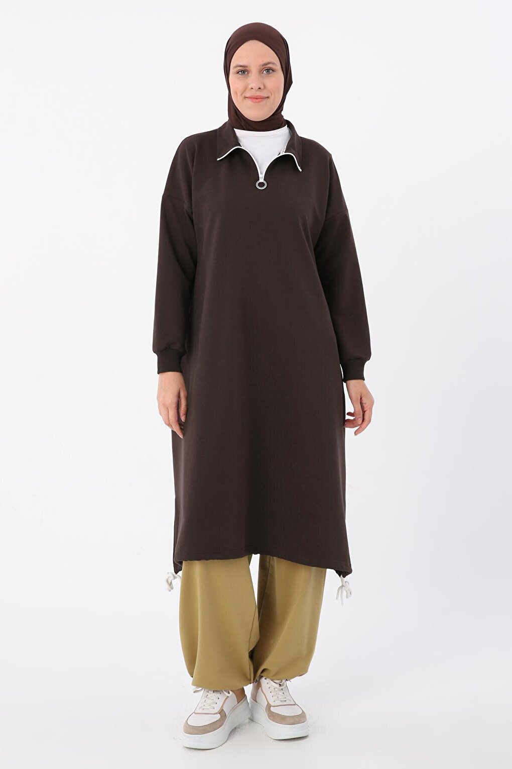 Bitter Brown Sweat Tunic with Gathered Hem and Zippered Collar