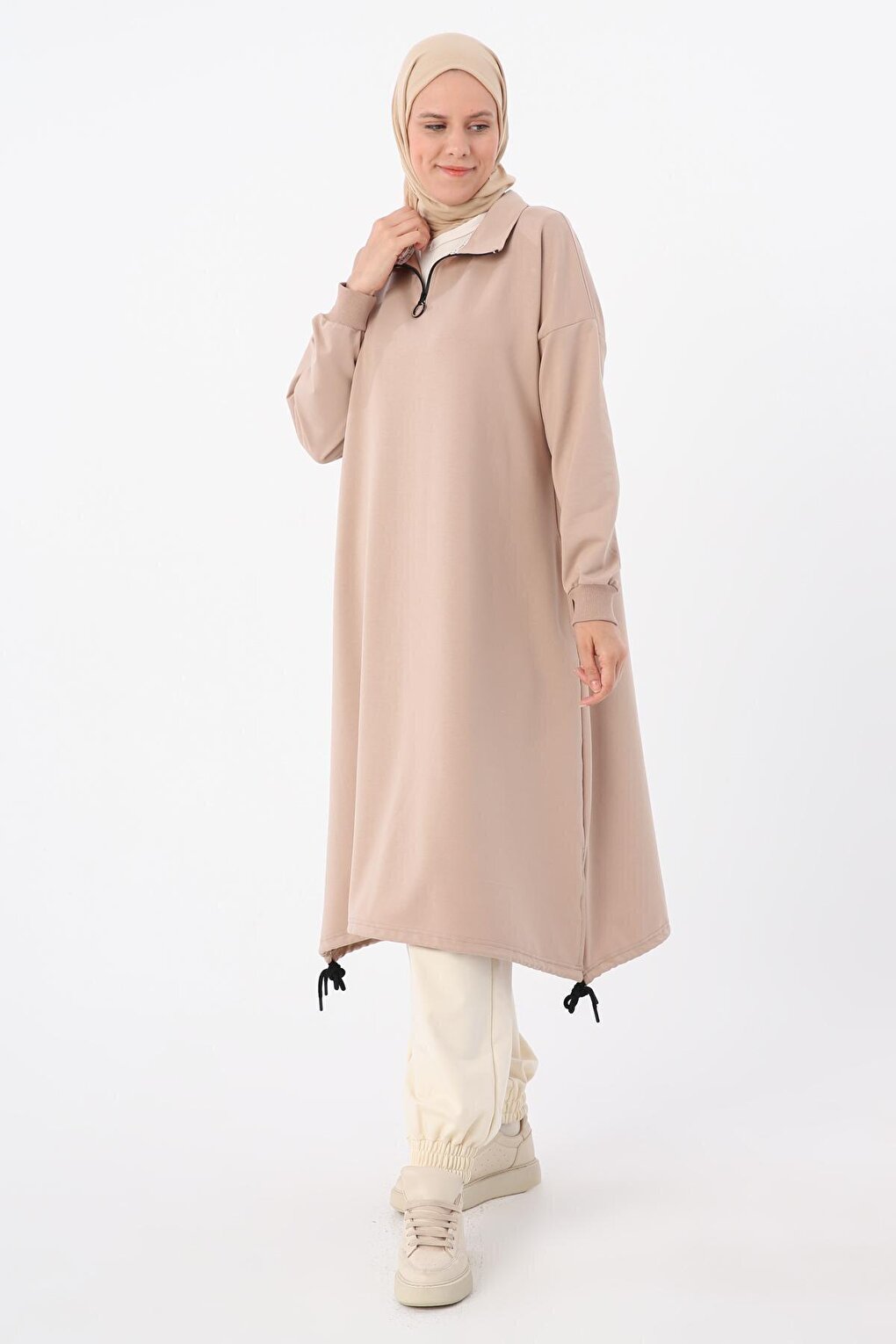 Beige Sweat Tunic with Gathered Hem and Zippered Collar