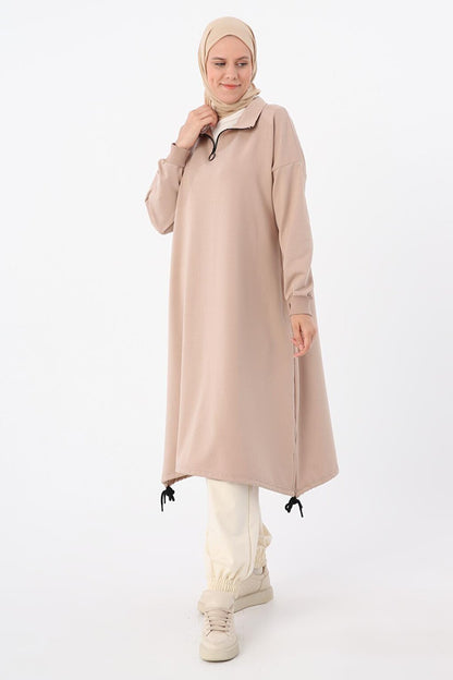 Beige Sweat Tunic with Gathered Hem and Zippered Collar