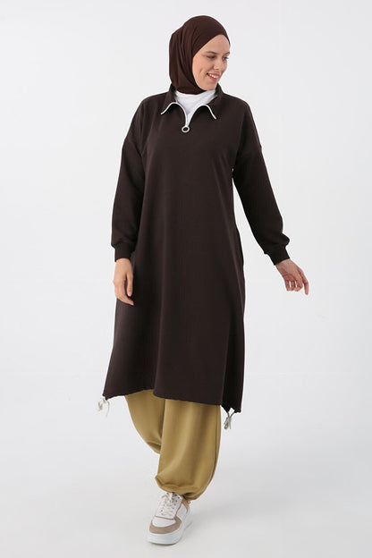 Bitter Brown Sweat Tunic with Gathered Hem and Zippered Collar