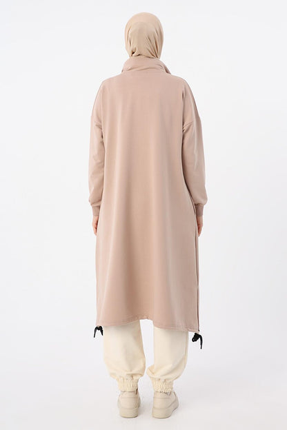 Beige Sweat Tunic with Gathered Hem and Zippered Collar