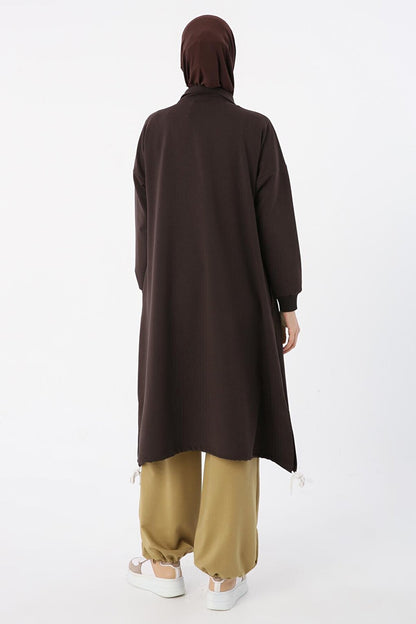 Bitter Brown Sweat Tunic with Gathered Hem and Zippered Collar