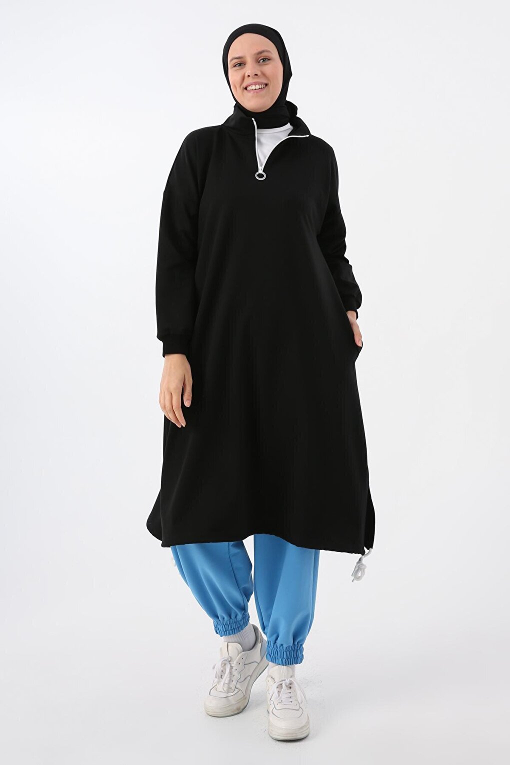 Black Sweat Tunic with Gathered Hem and Zippered Collar