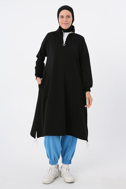 Black Sweat Tunic with Gathered Hem and Zippered Collar