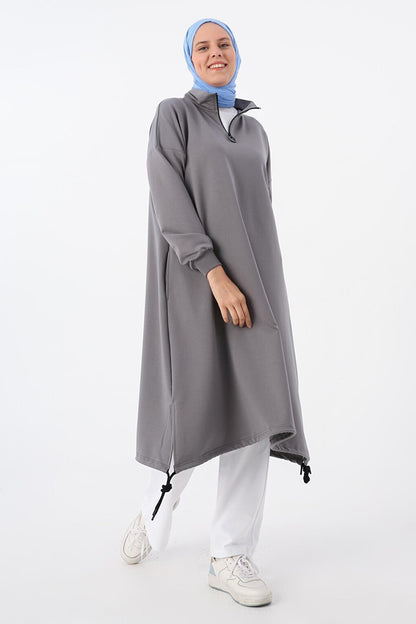 Gray Sweat Tunic with Gathered Hem and Zippered Collar