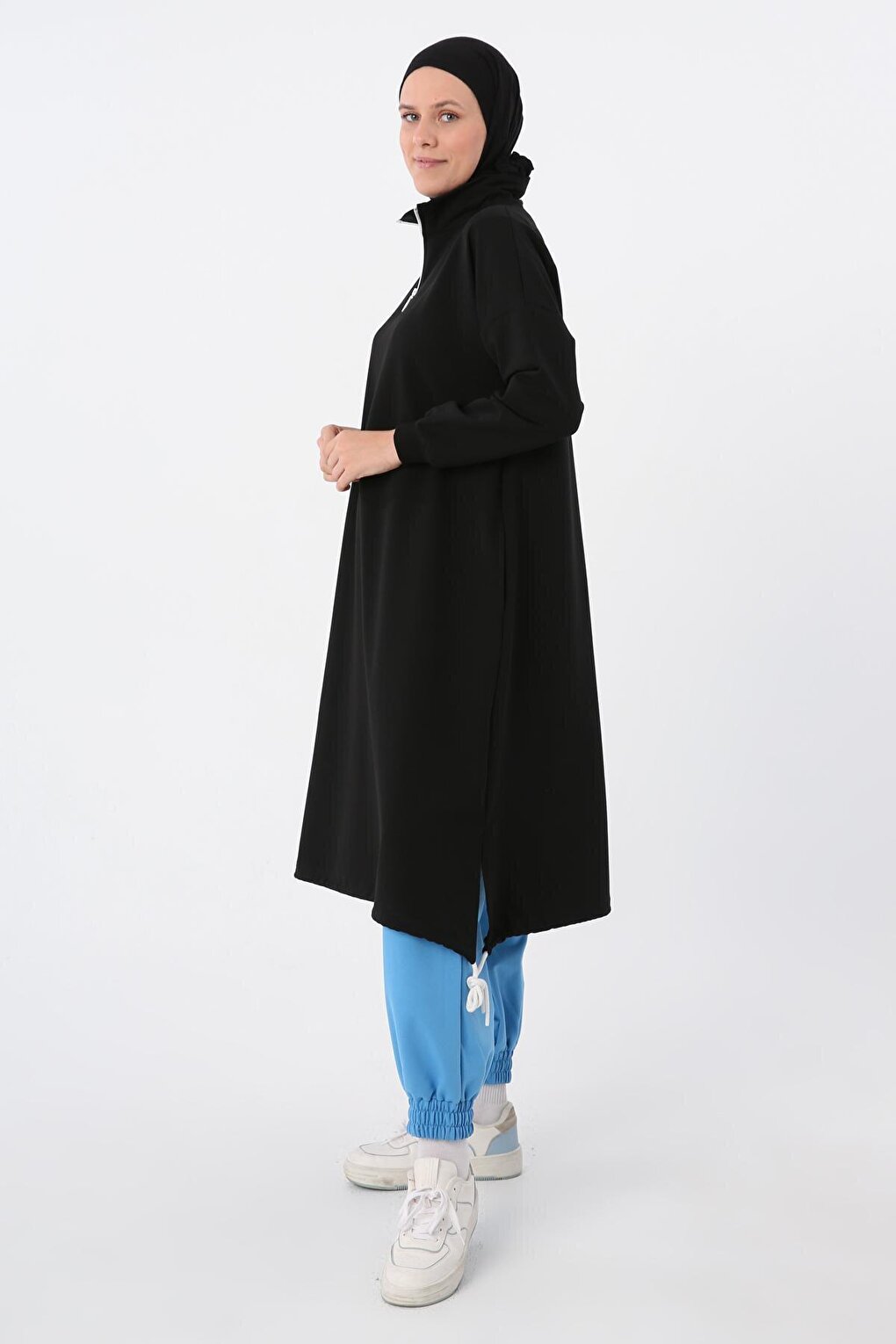 Black Sweat Tunic with Gathered Hem and Zippered Collar