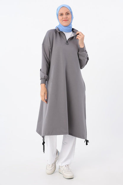 Gray Sweat Tunic with Gathered Hem and Zippered Collar