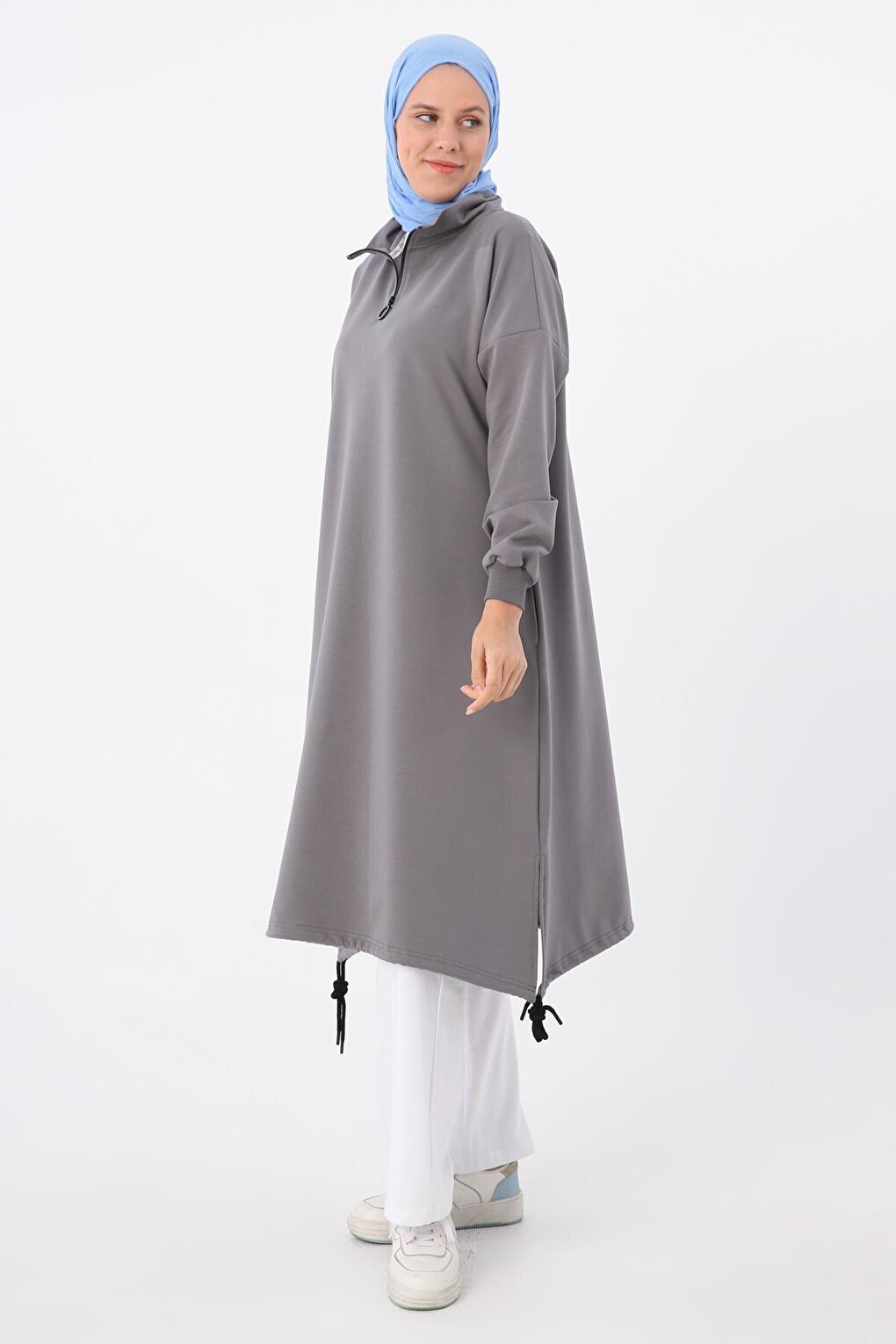 Gray Sweat Tunic with Gathered Hem and Zippered Collar