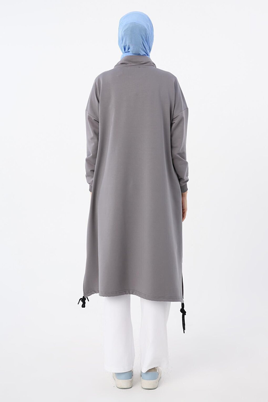 Gray Sweat Tunic with Gathered Hem and Zippered Collar