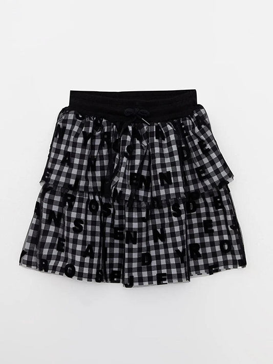 Girl's Letter Detailed Elastic Plaid Skirt