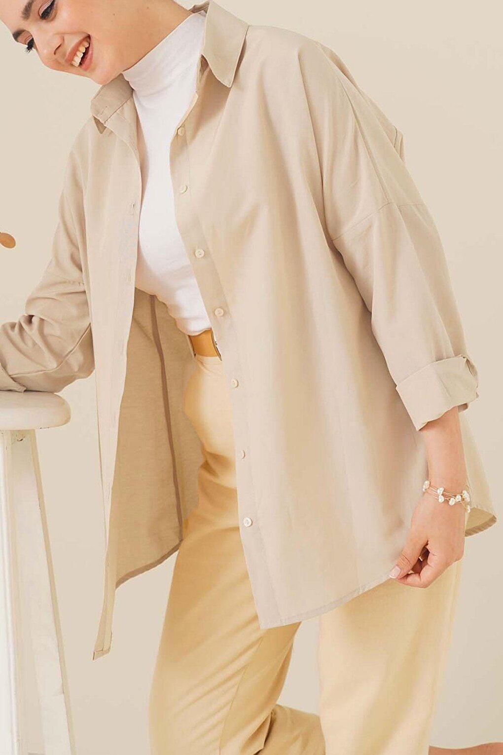 20144 Oversize Basic Shirt - Beige