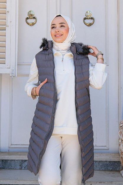 Women's Hooded Long Puffer Vest Gray