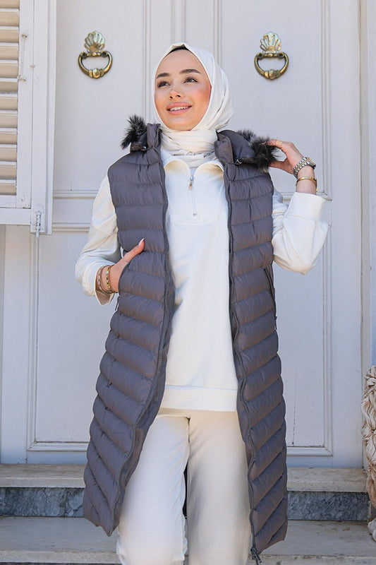 Women's Hooded Long Puffer Vest Gray