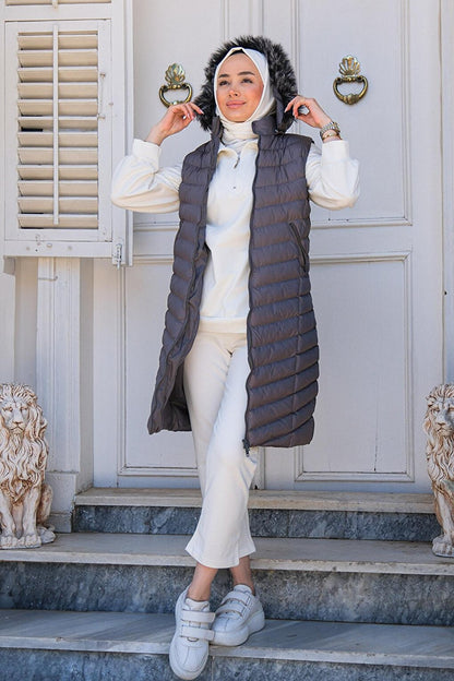 Women's Hooded Long Puffer Vest Gray