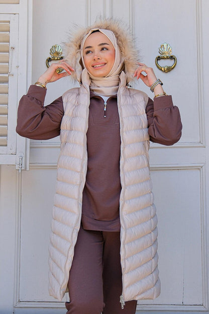 Women's Hooded Long Puffer Vest Beige