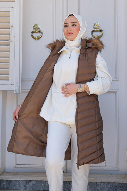 Women's Hooded Long Puffer Vest Brown