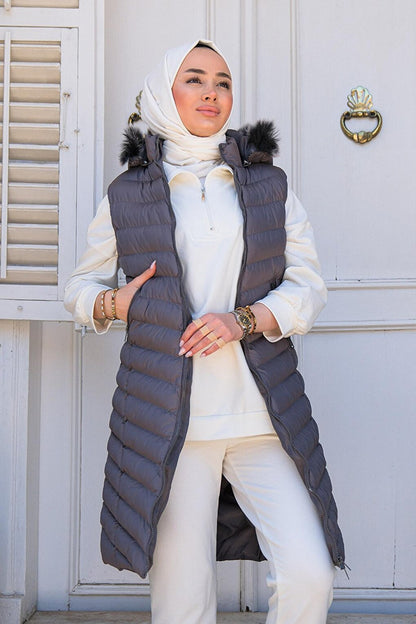 Women's Hooded Long Puffer Vest Gray