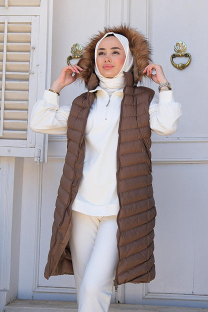 Women's Hooded Long Puffer Vest Brown