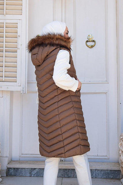 Women's Hooded Long Puffer Vest Brown