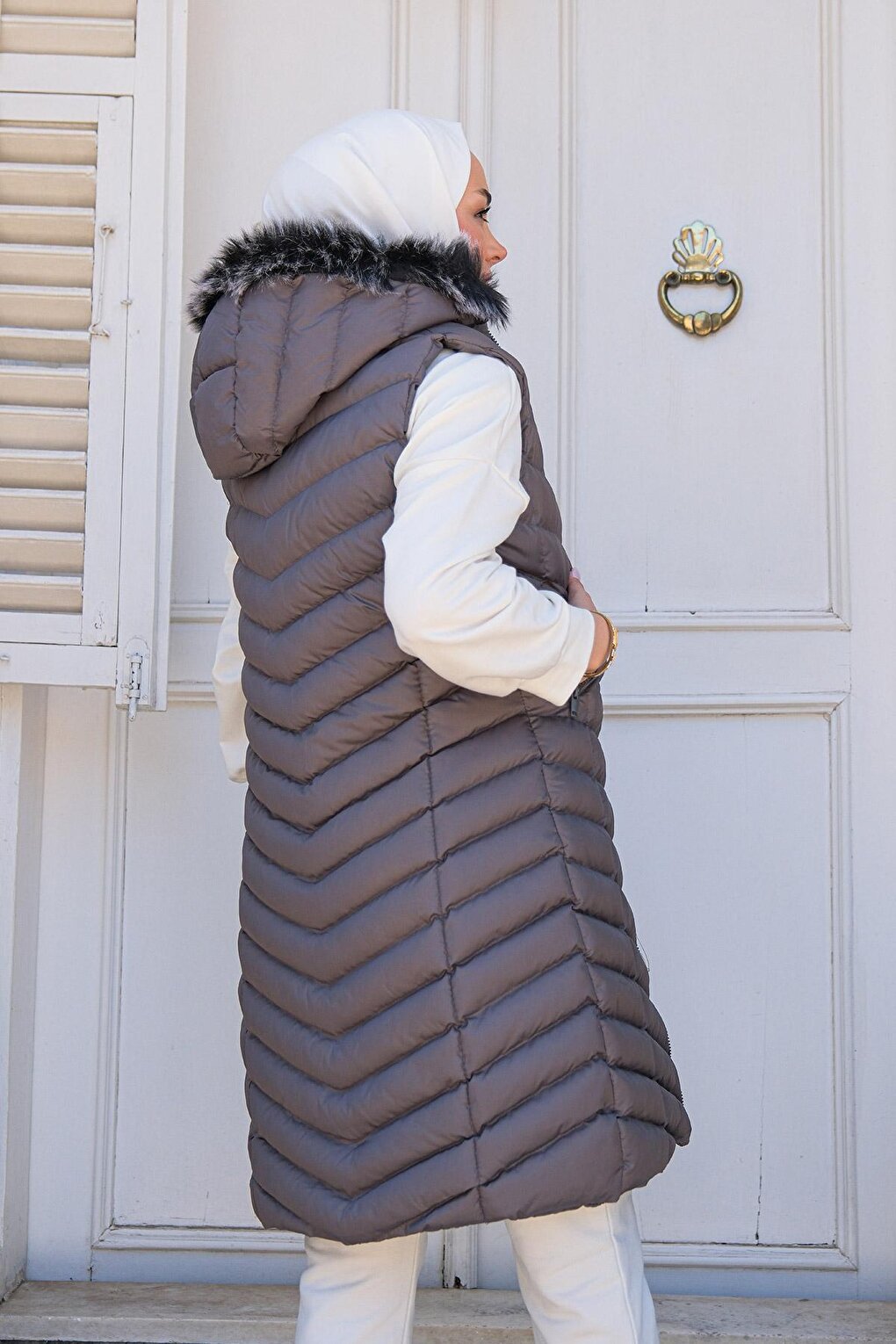 Women's Hooded Long Puffer Vest Gray